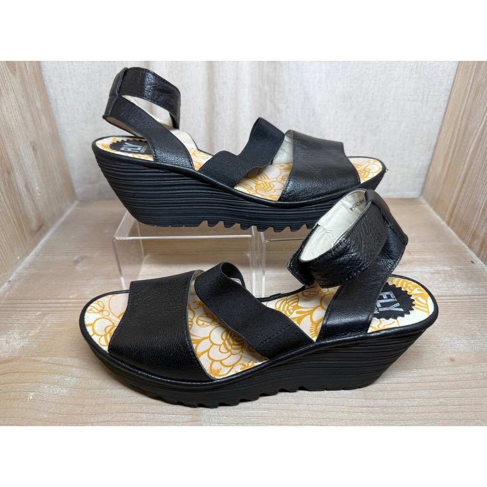 Fly London Yala Black Leather Wedge Sandals Platform Ankle Strap Womens 40 - Picture 2 of 11